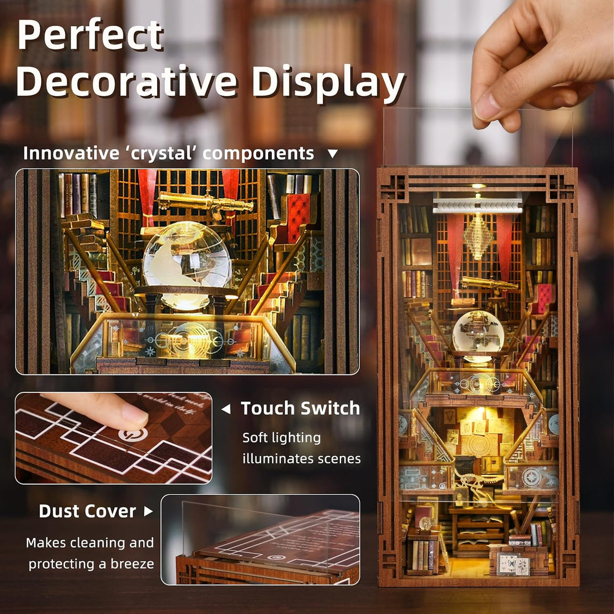 Minicity Beyond Library DIY Book Nook Kit showing its touch lighting switch, transparent dust cover and warmly illuminated miniature library interior