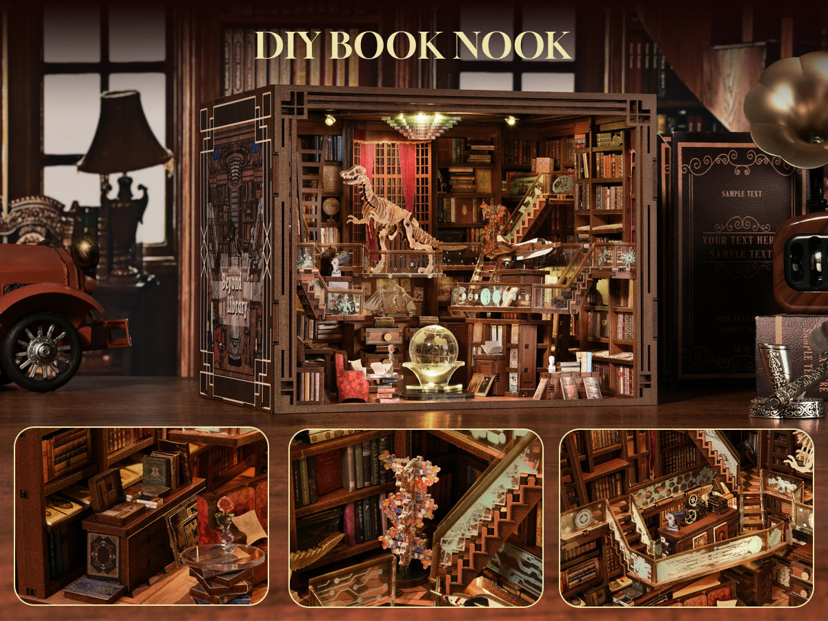 Minicity Beyond Library MAX DIY book nook with detailed books, miniature furniture, decorative accessories and staircase railing