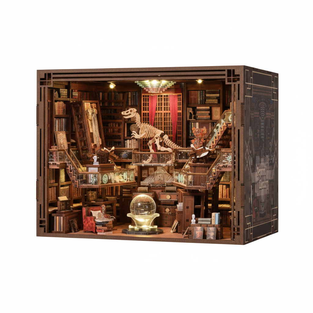 Minicity Beyond Library MAX DIY book nook kit with detailed library, dinosaur skeleton, illuminated globe, bookshelves and warm LED lighting