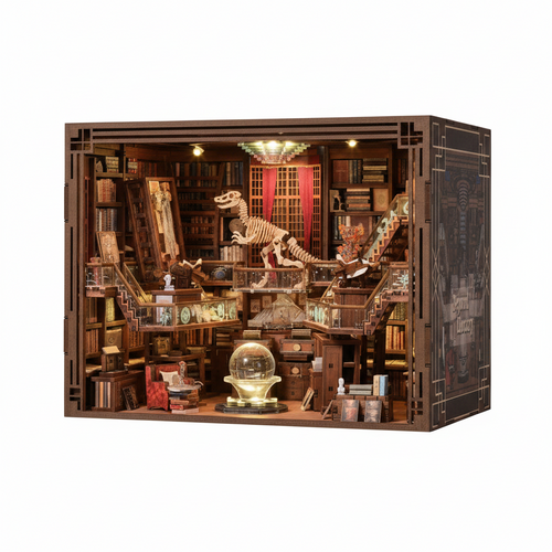 Minicity Beyond Library MAX DIY book nook kit with detailed library, dinosaur skeleton, illuminated globe, bookshelves and warm LED lighting