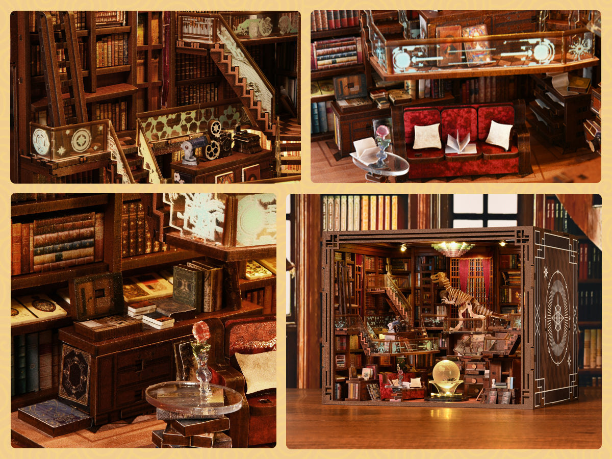 Minicity Beyond Library MAX miniature library details with antique books, decorative clock, vintage accessories, red sofa and staircase