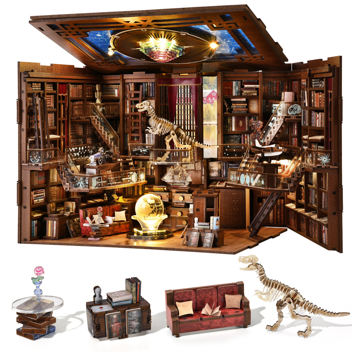 Minicity Beyond Library MAX open DIY book nook showing detailed library interior, dinosaur skeleton, staircases, illuminated globe and miniature furniture