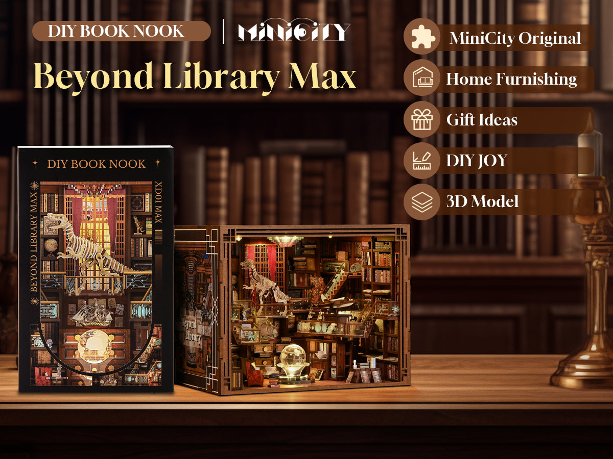 Minicity Beyond Library MAX XD01 MAX DIY book nook kit box with the finished miniature library model
