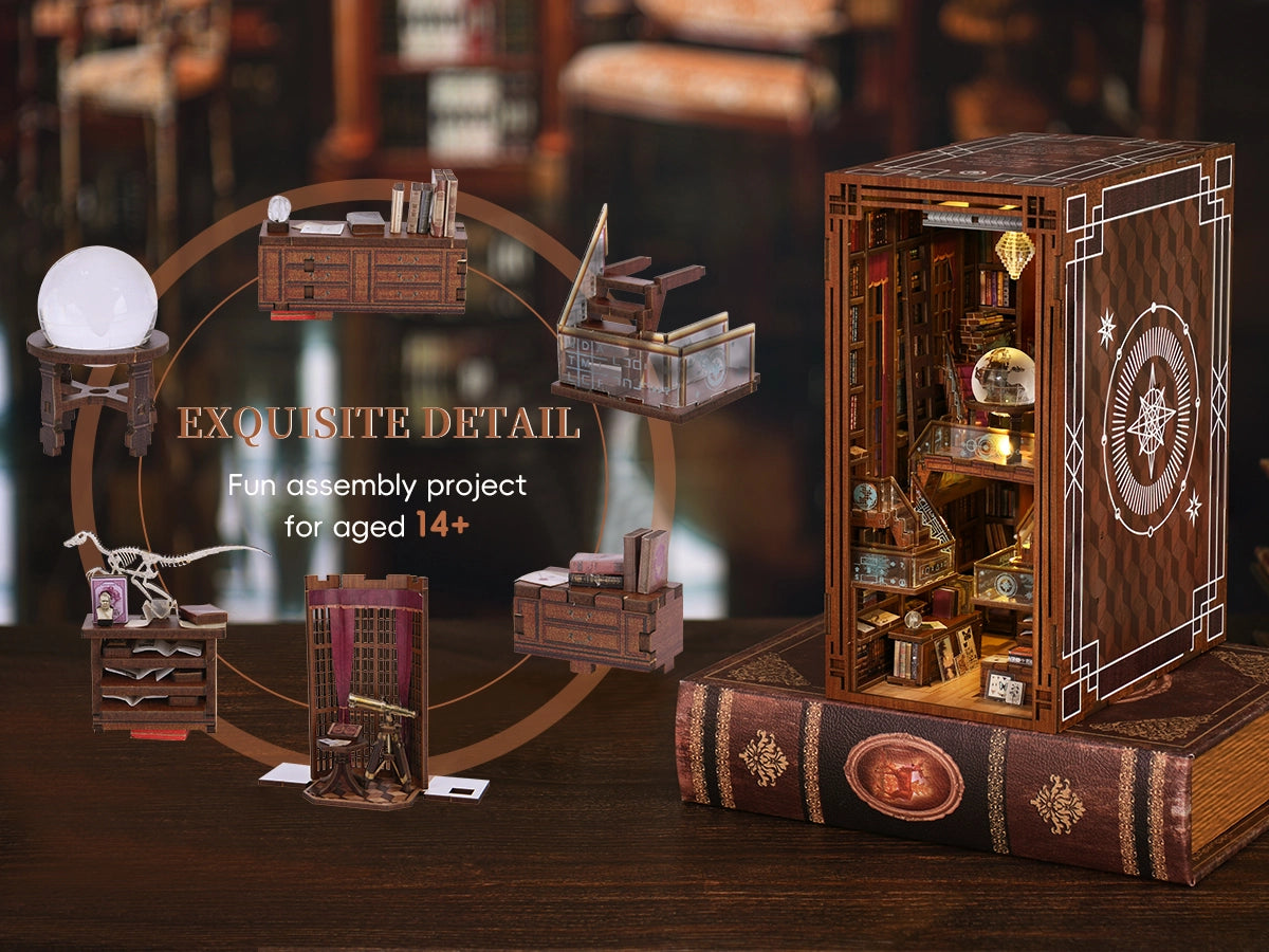 Minicity Beyond Library miniature furniture and accessories including a crystal globe stand, dinosaur fossil display, wooden cabinet, telescope and decorative book nook
