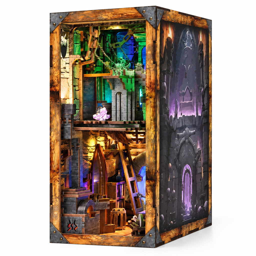 Minicity Blade and Magic DIY book nook kit featuring a fantasy dungeon with glowing blue portals, stone walls, wooden stairs and mystical details