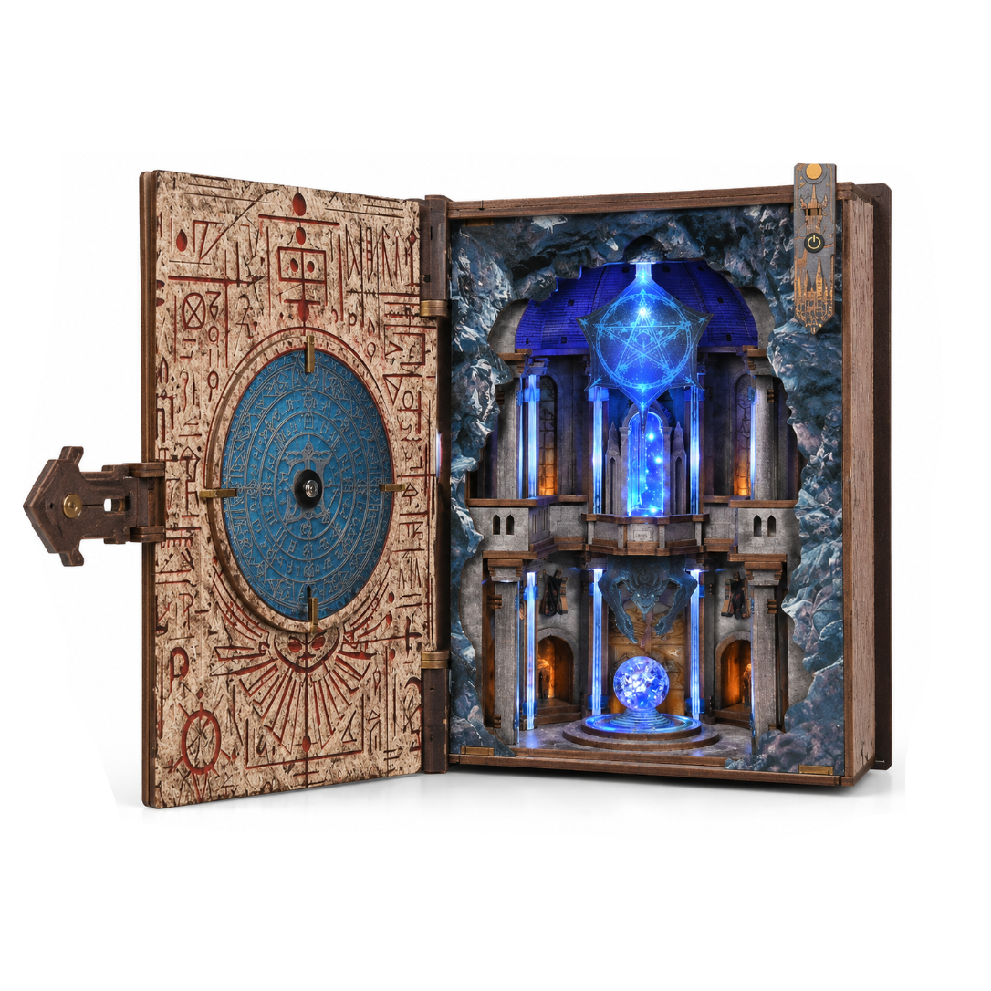 Minicity Circle of Magic DIY book nook kit with a magical fantasy temple, glowing blue crystal, ancient symbols and detailed wooden interior