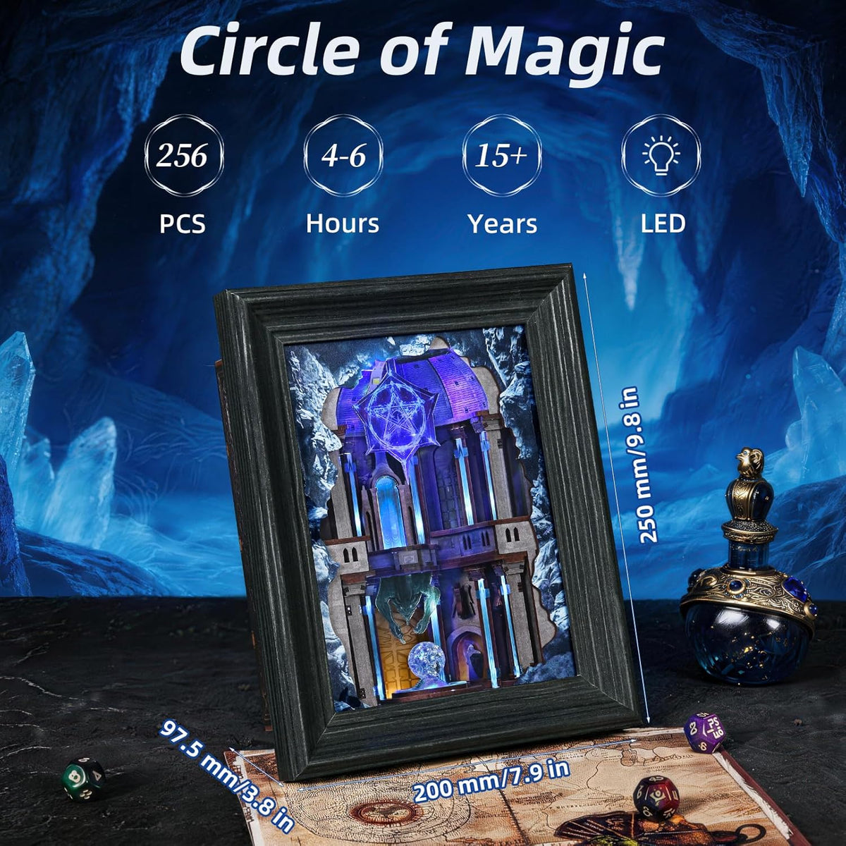 Minicity Circle of Magic Frame 3D wooden puzzle showing its 200 mm width, 250 mm height, 256 pieces, LED lighting and estimated 4 to 6 hour assembly time