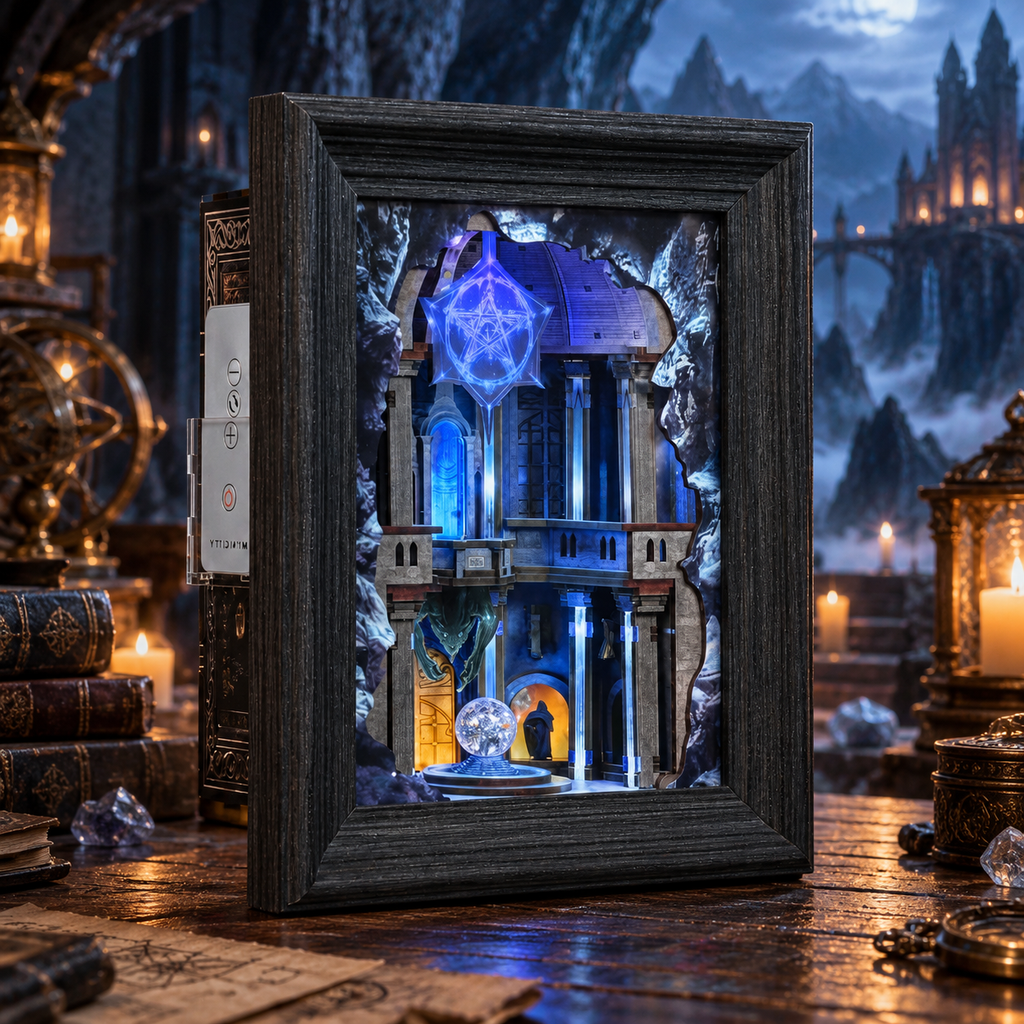 Minicity Circle of Magic Frame illuminated fantasy puzzle displayed on a wooden console table in a cosy home interior