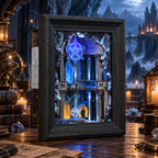 Minicity Circle of Magic Frame illuminated fantasy puzzle displayed on a wooden console table in a cosy home interior