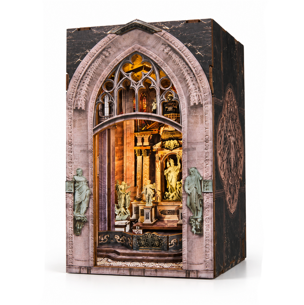 Minicity Duomo di Milano DIY Book Nook Kit featuring an illuminated miniature Gothic cathedral with an ornate pointed arch, classical statues and intricate interior details