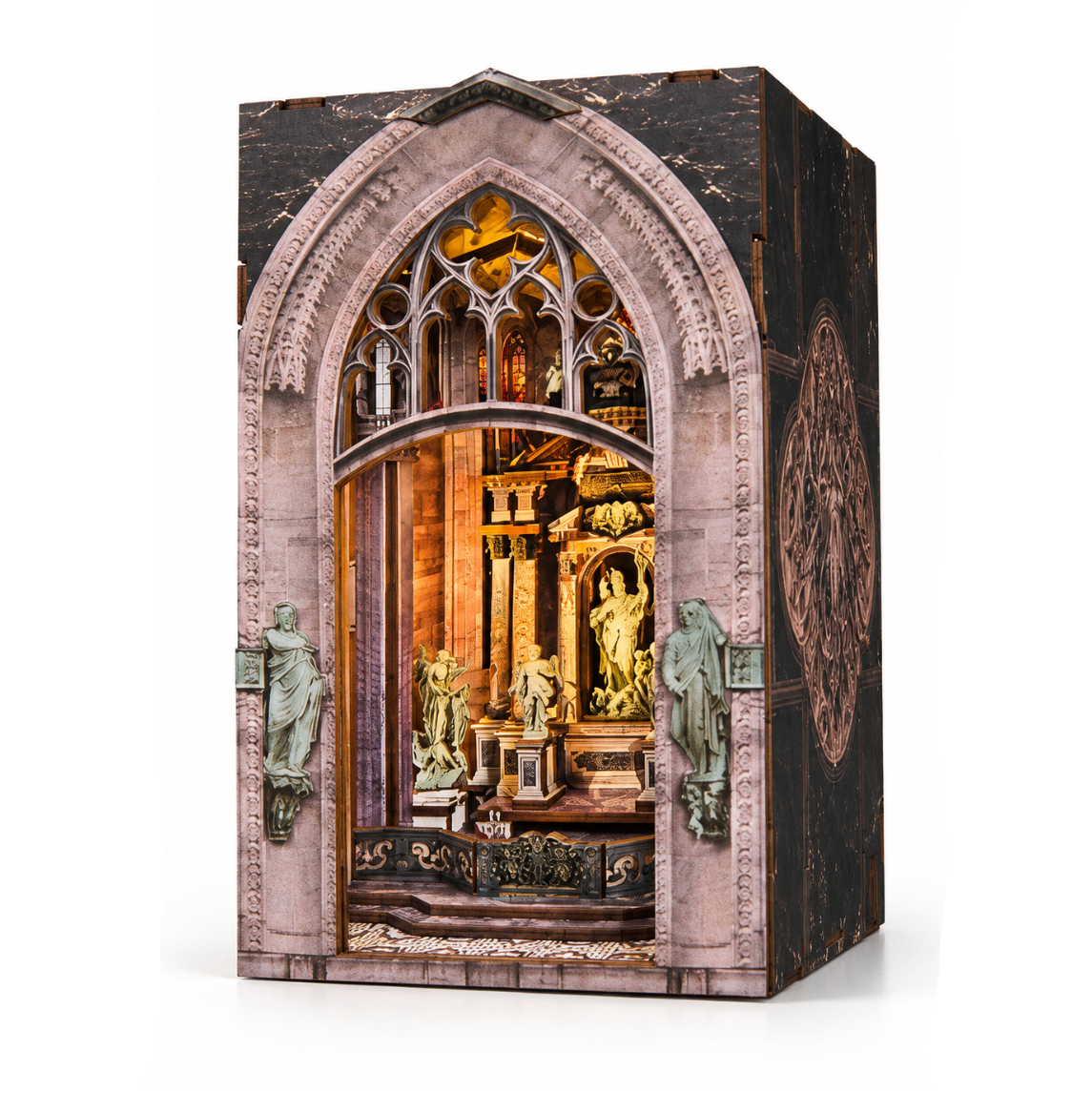 Minicity Duomo di Milano DIY Book Nook Kit featuring an illuminated miniature Gothic cathedral with an ornate pointed arch, classical statues and intricate interior details