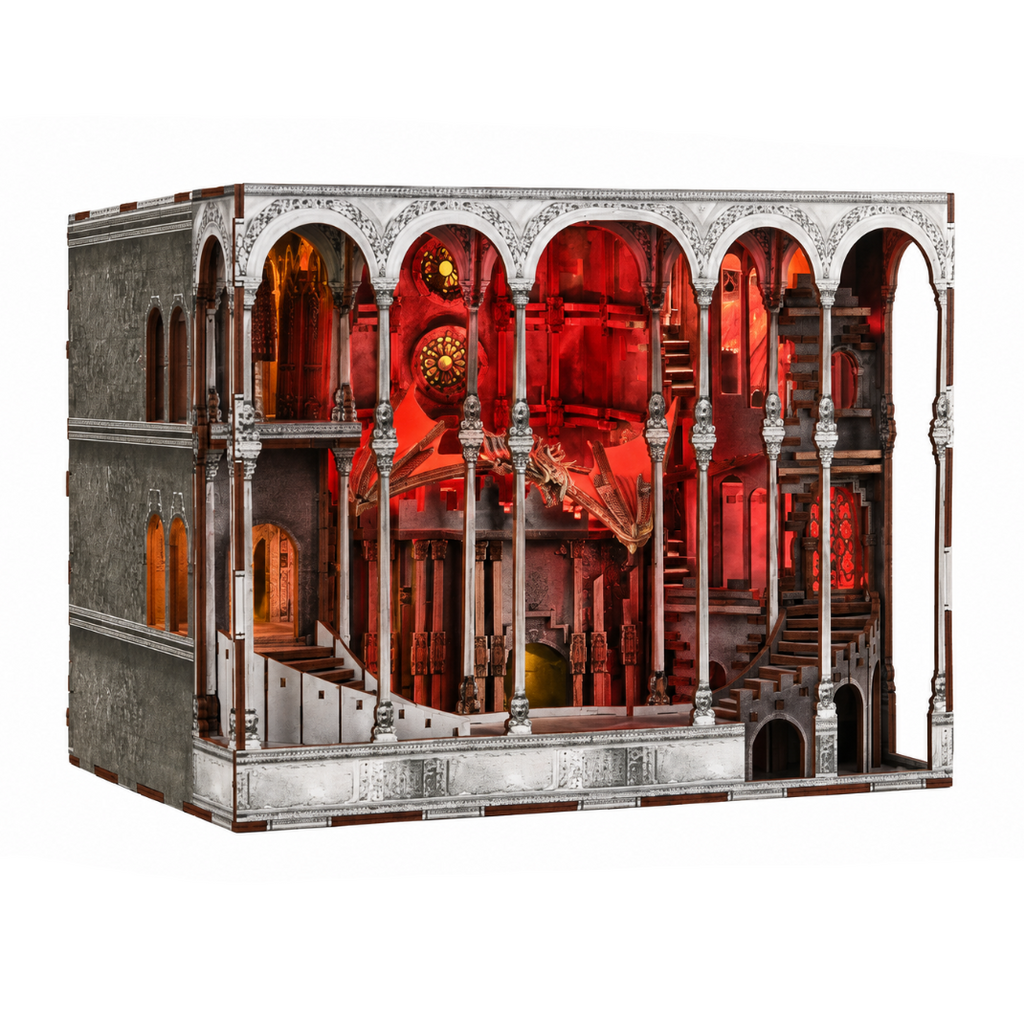Minicity Ember Castle DIY book nook kit featuring a detailed Gothic fantasy castle with red illuminated interiors and intricate architectural arches