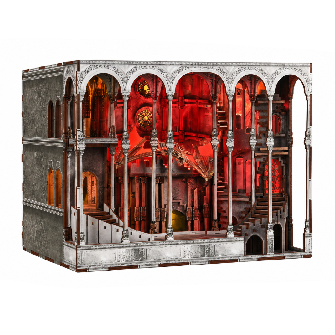 Minicity Ember Castle DIY book nook kit featuring a detailed Gothic fantasy castle with red illuminated interiors and intricate architectural arches