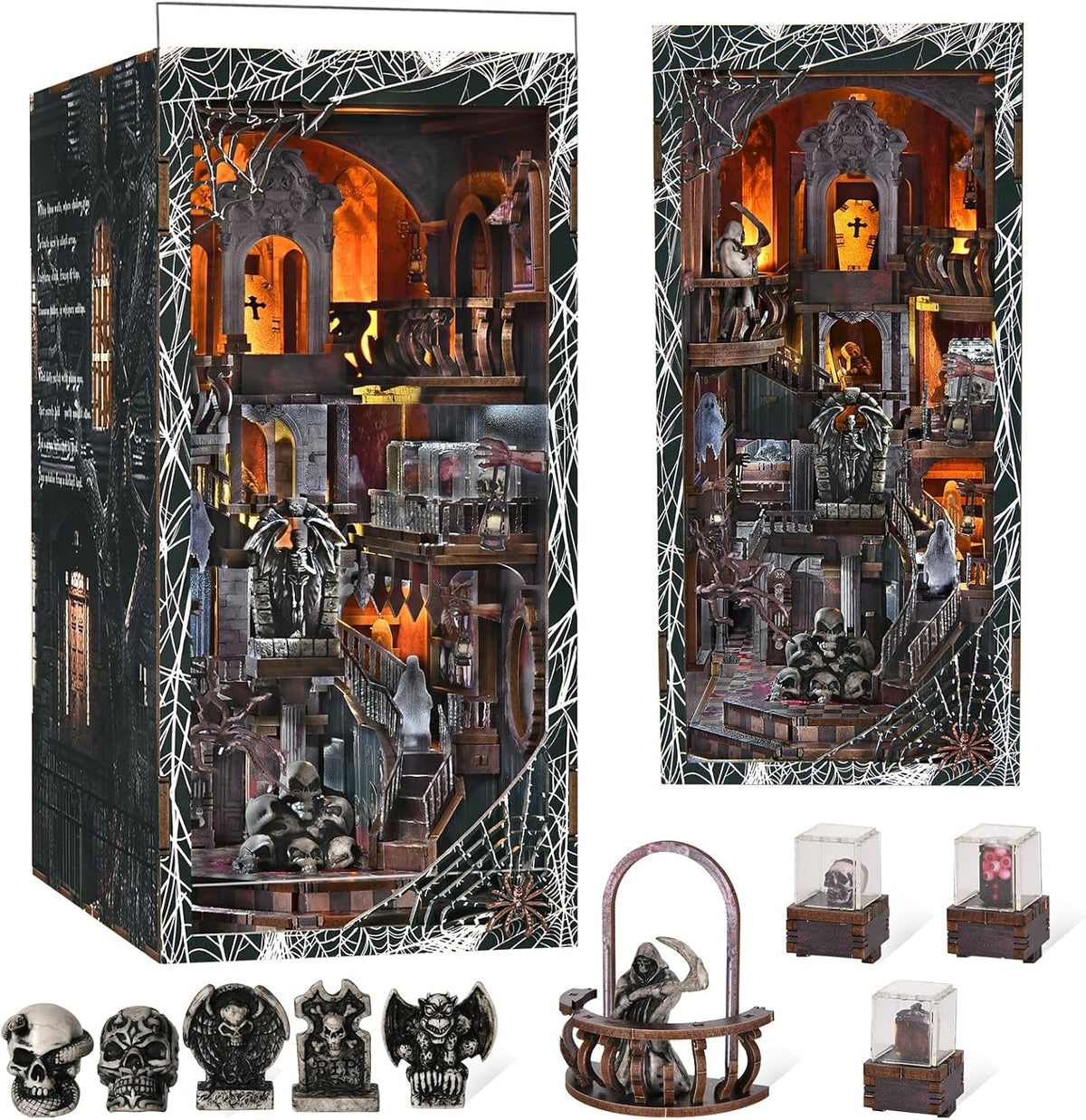 Minicity Haunting Relics book nook with five gothic miniature figures, skull ornaments, display cases and a detailed haunted mansion scene
