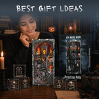 Minicity Haunting Relics DIY Book Nook Kit and illustrated gift box displayed with gothic skull ornaments for horror fans and miniature collectors