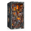 Minicity Haunting Relics DIY Book Nook Kit featuring a gothic haunted mansion interior with glowing orange lights, skulls, ghost figures and cobweb details