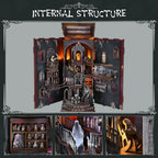 Minicity Haunting Relics book nook opened to reveal its multi-level haunted mansion interior, miniature display shelves, ghost figures, staircases and LED lighting