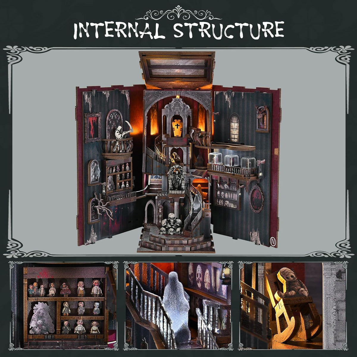 Minicity Haunting Relics book nook opened to reveal its multi-level haunted mansion interior, miniature display shelves, ghost figures, staircases and LED lighting