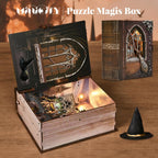 Minicity Introduction to Magical Flight DIY book nook displayed on a desk with Gothic architecture, flying fantasy figures and illuminated castle details