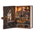 Minicity Introduction to Magical Flight DIY book nook kit with Gothic castle, magical flying characters, stained glass windows and warm LED lighting