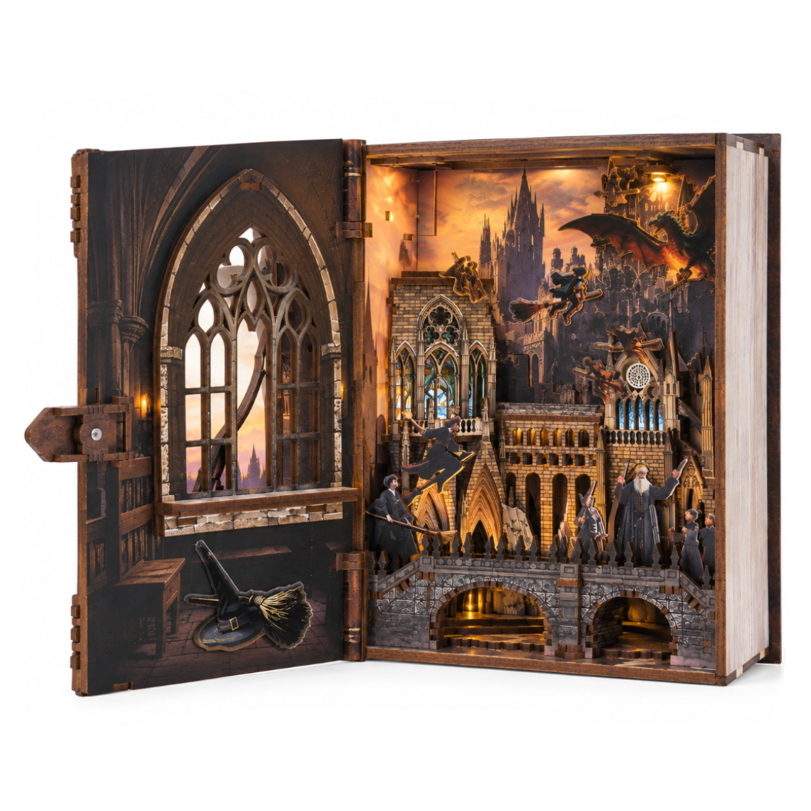Minicity Introduction to Magical Flight DIY book nook kit with Gothic castle, magical flying characters, stained glass windows and warm LED lighting