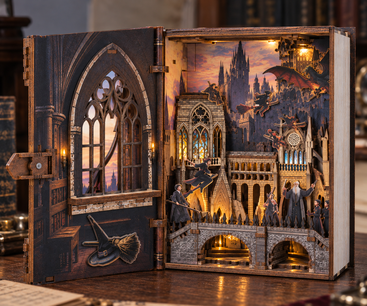 Minicity Introduction to Magical Flight book nook displayed as a detailed Gothic fantasy castle scene with flying witches, dragon and warm lighting