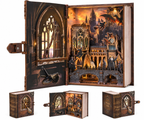 Minicity Introduction to Magical Flight open book nook showing Gothic castle architecture, stained glass windows, flying fantasy characters and illuminated bridges