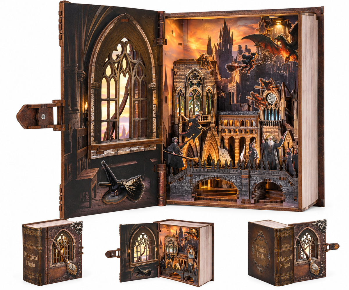Minicity Introduction to Magical Flight open book nook showing Gothic castle architecture, stained glass windows, flying fantasy characters and illuminated bridges