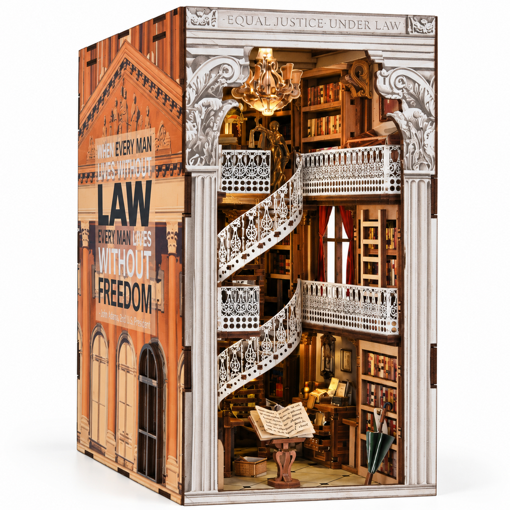 Minicity Law Library DIY book nook kit featuring a miniature historic law library with ornate white arches, spiral staircases, bookshelves and warm LED lighting
