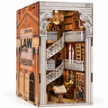Minicity Law Library DIY book nook kit featuring a miniature historic law library with ornate white arches, spiral staircases, bookshelves and warm LED lighting