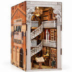 Minicity Law Library DIY book nook kit featuring a miniature historic law library with ornate white arches, spiral staircases, bookshelves and warm LED lighting