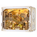 Minicity Library of Gods MAX DIY book nook kit featuring an ornate miniature library with golden lighting, grand staircases, bookshelves and classical statues