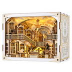 Minicity Library of Gods MAX DIY book nook kit featuring an ornate miniature library with golden lighting, grand staircases, bookshelves and classical statues