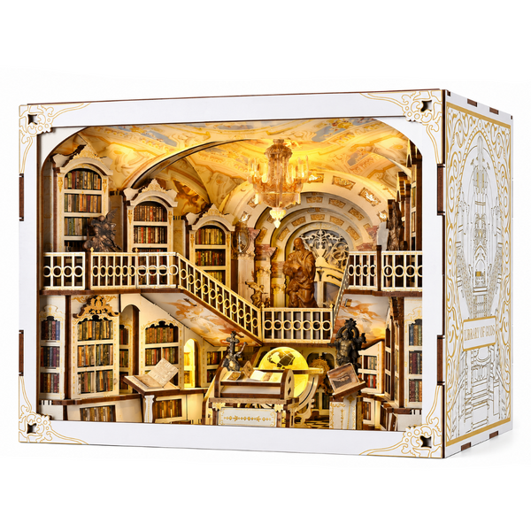 Minicity Library of Gods MAX DIY book nook kit featuring an ornate miniature library with golden lighting, grand staircases, bookshelves and classical statues