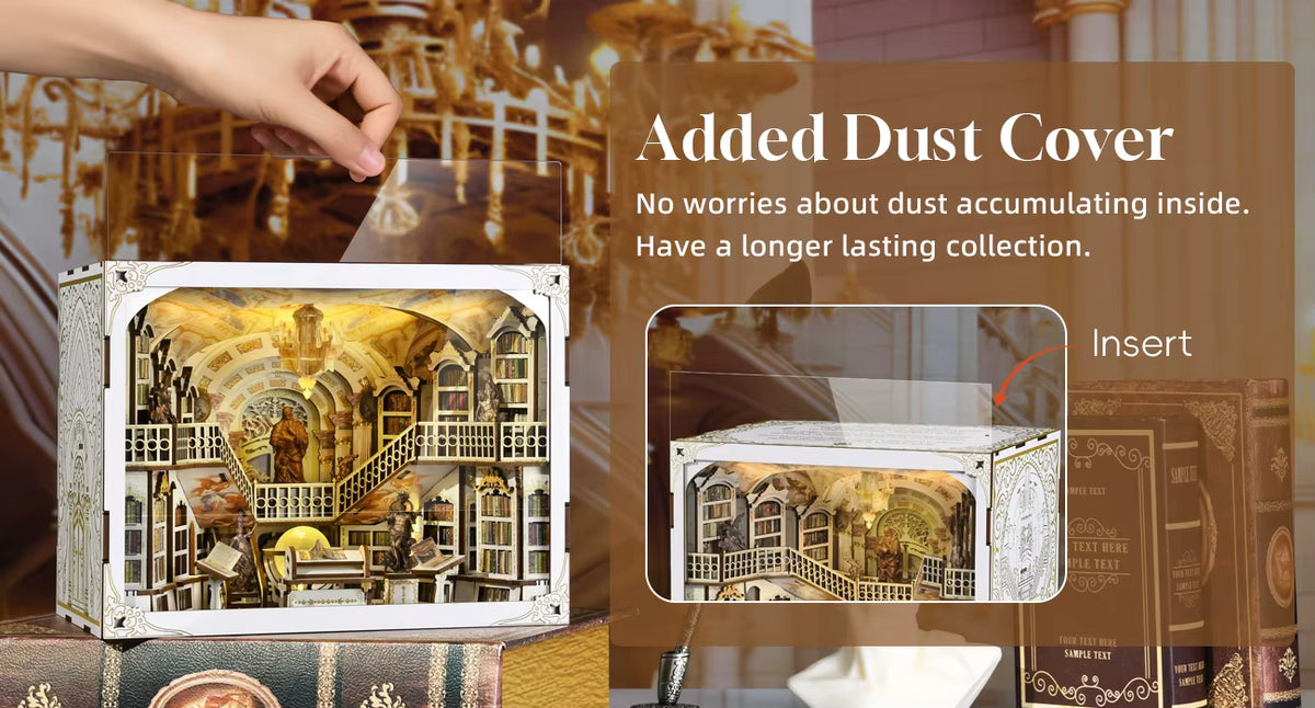 Minicity Library of Gods MAX book nook featuring a transparent dust cover designed to help protect the miniature library from dust
