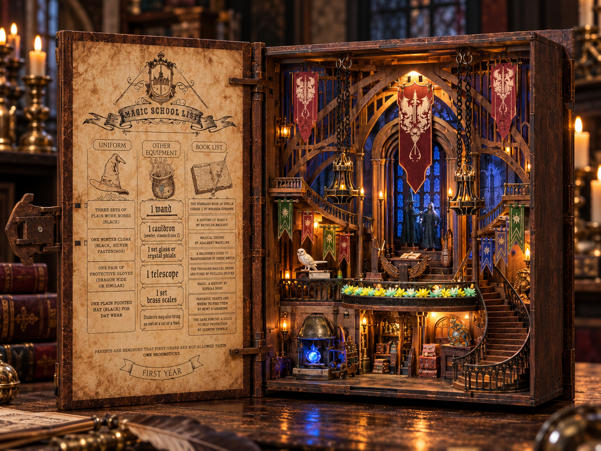 Minicity Magic Admissions Guide illuminated book nook displayed in a fantasy library setting with magical school details and warm lighting