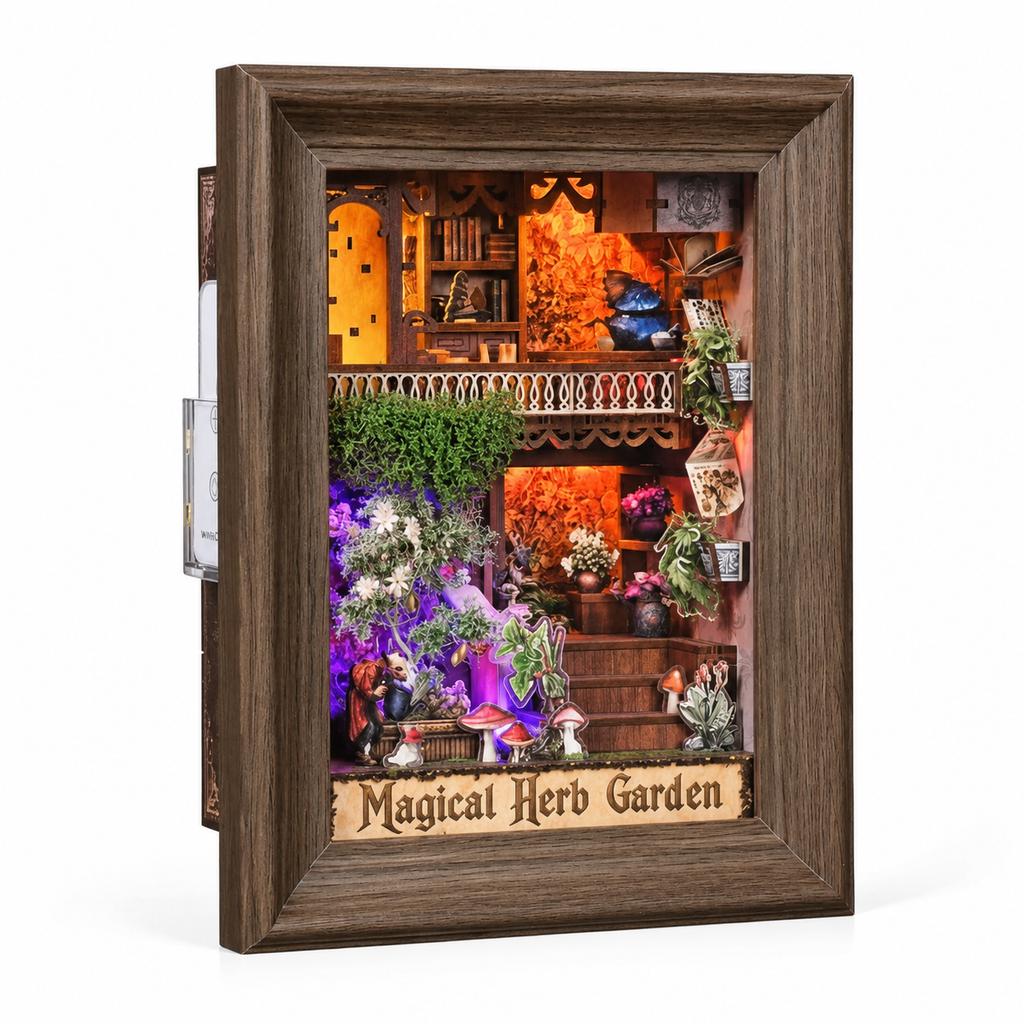 Minicity Magical Herb Garden 3D wooden puzzle kit with a detailed botanical garden scene, miniature plants, mushrooms and warm LED lighting