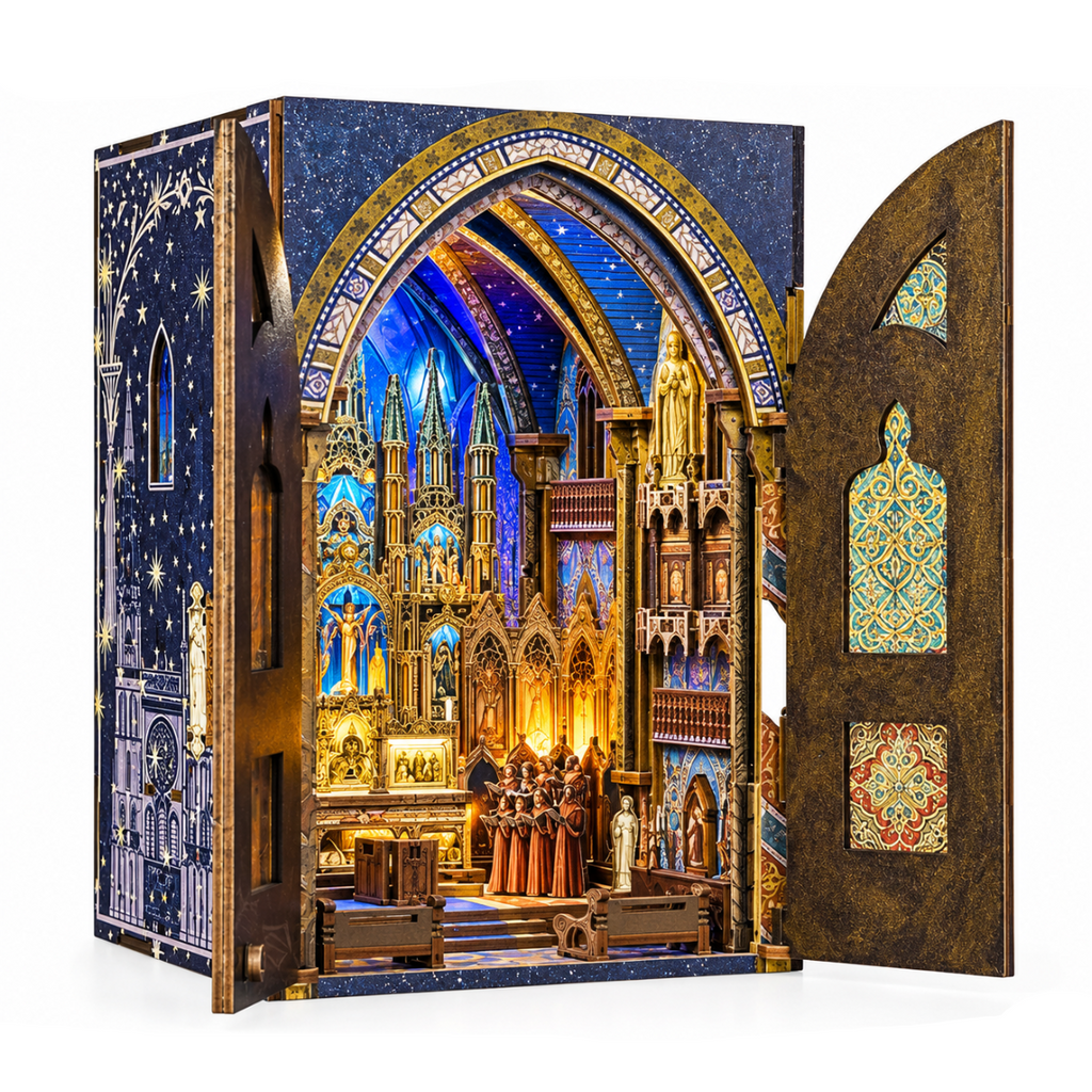 Minicity Notre-Dame Basilica DIY Book Nook Kit featuring an illuminated miniature Gothic Revival church interior with ornate arches, blue stained-glass details and golden statues