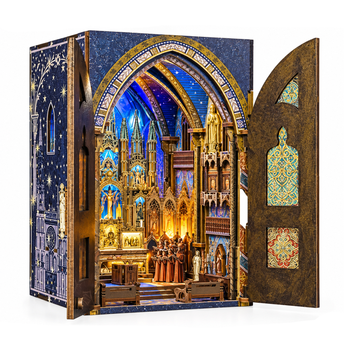 Minicity Notre-Dame Basilica DIY Book Nook Kit featuring an illuminated miniature Gothic Revival church interior with ornate arches, blue stained-glass details and golden statues