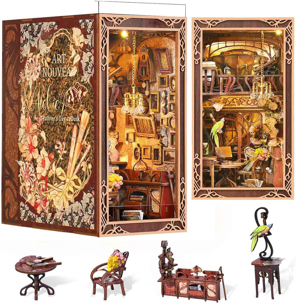 Minicity Painter's Day at Dusk book nook showing Art Nouveau floral panels, miniature furniture, chandelier, artwork and decorative studio details
