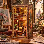 Minicity Painter's Day at Dusk miniature artist's studio displayed with art supplies, paintings, books and warm evening lighting
