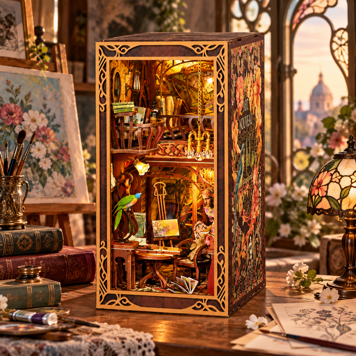 Minicity Painter's Day at Dusk miniature artist's studio displayed with art supplies, paintings, books and warm evening lighting