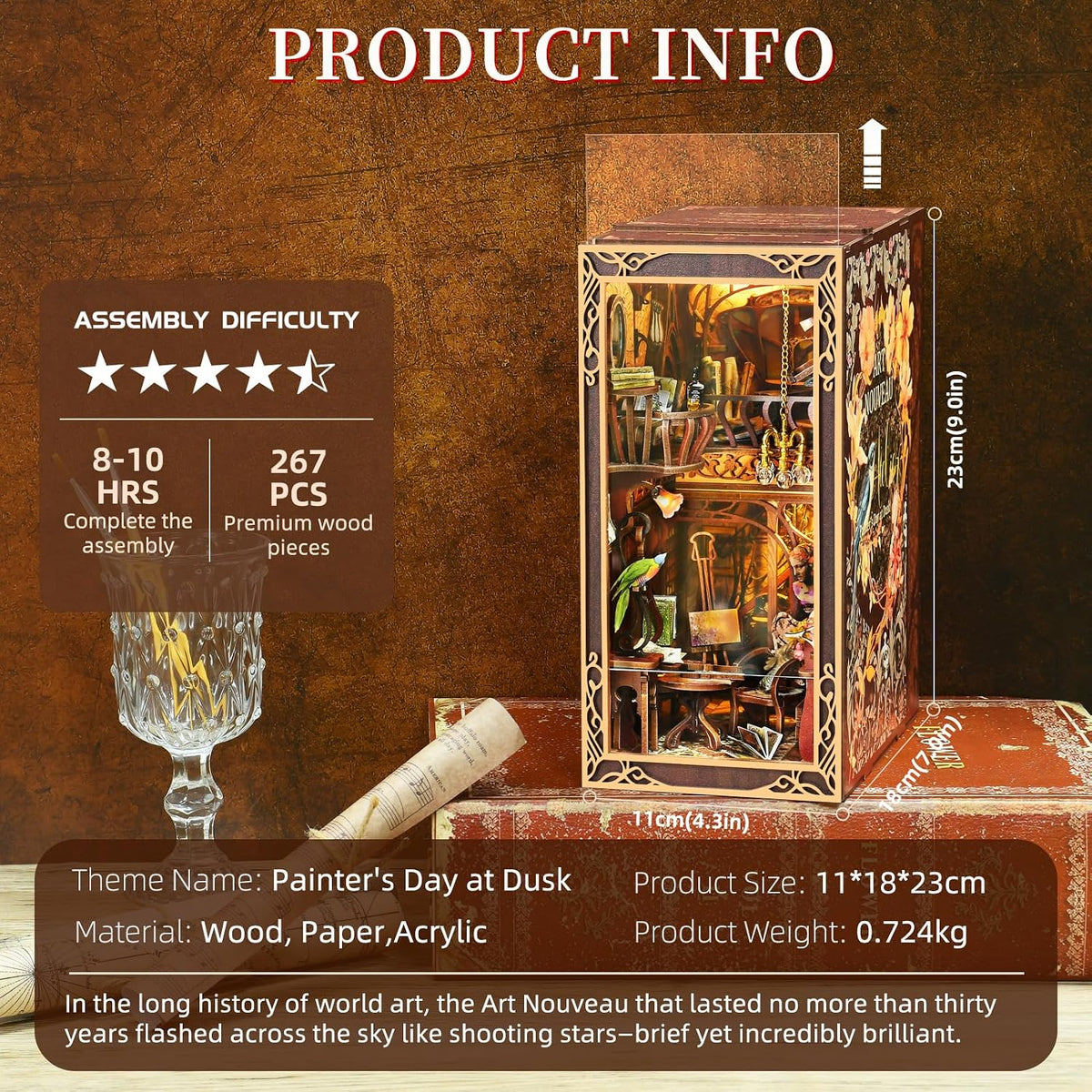 Minicity Painter's Day at Dusk book nook with 267 pieces, 8 to 10 hour assembly time and 23 x 18 x 11 cm finished size