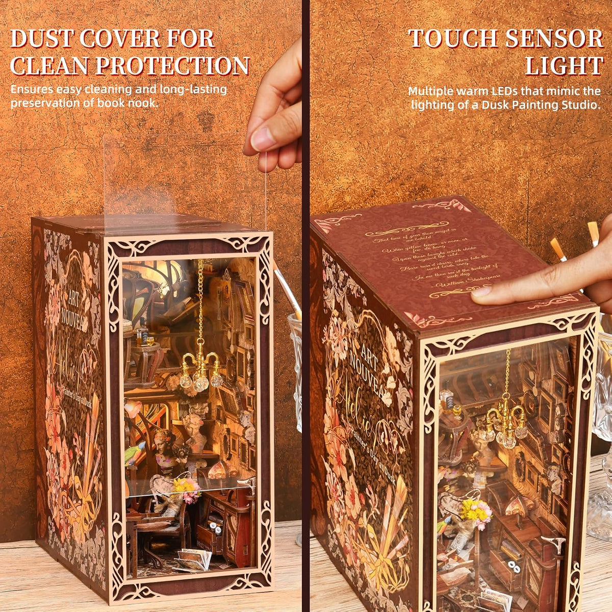 Minicity Painter's Day at Dusk book nook with protective dust cover and touch sensor warm LED lighting