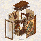 Minicity Painter's Day at Dusk DIY book nook exploded view showing wooden panels, acrylic cover, LED components, furniture and decorative parts