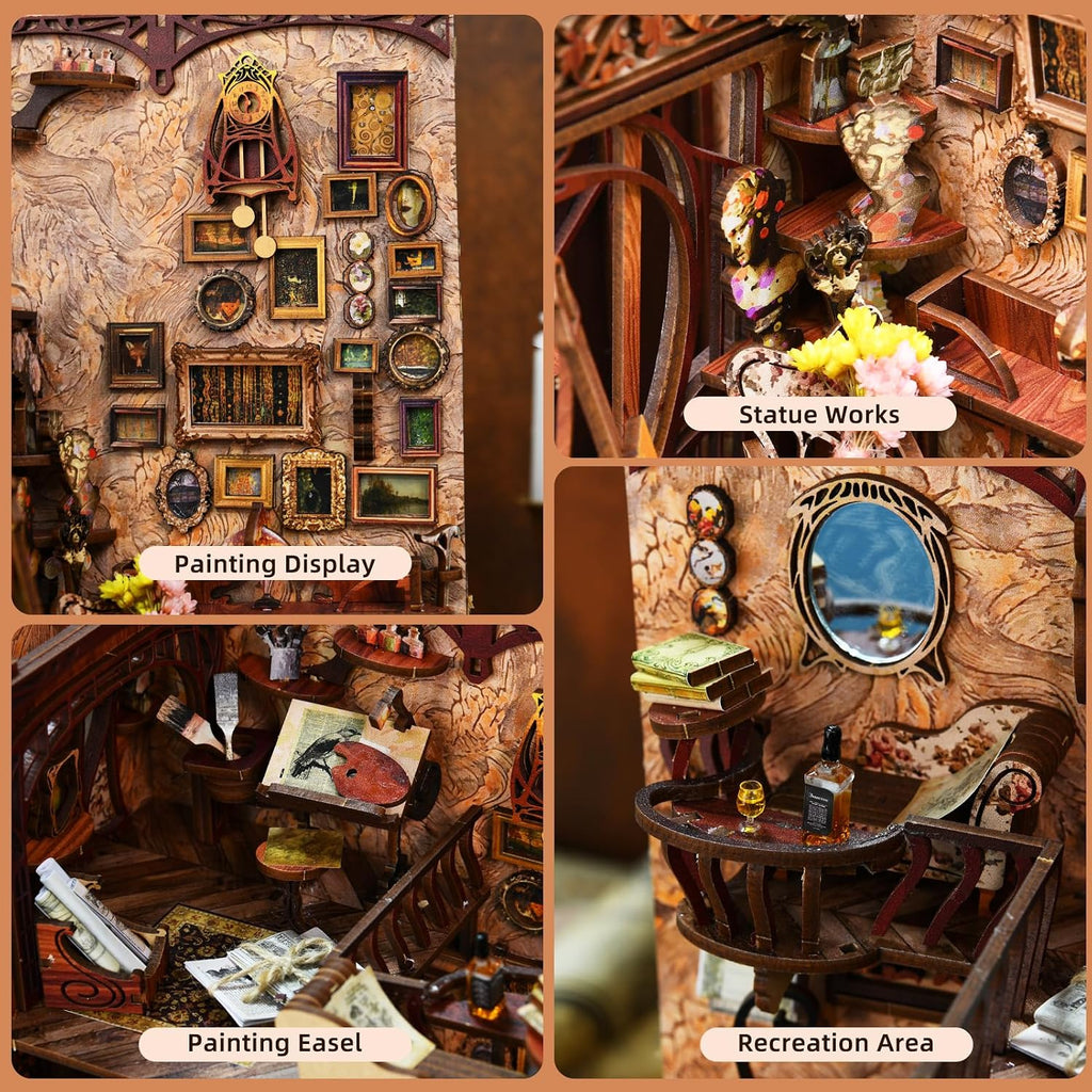 Minicity Painter's Day at Dusk miniature studio with painting display, sculpture, artist's easel, recreation area and decorative mirror