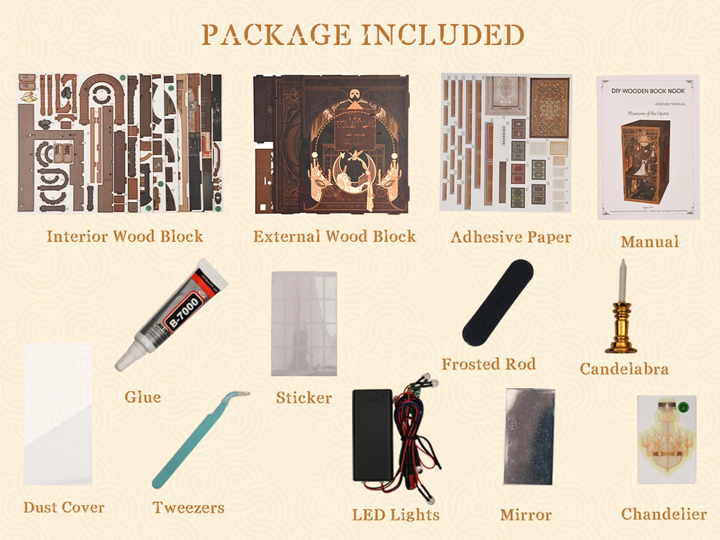 Minicity The Phantom of the Opera DIY Book Nook Kit contents including interior and exterior wooden panels, adhesive paper, instruction manual, glue, tweezers, LED lights, dust cover and chandelier