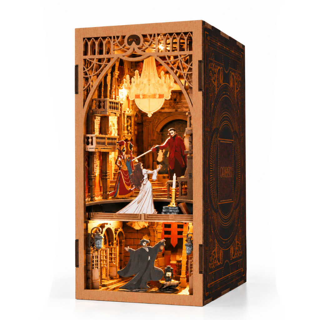 Minicity The Phantom of the Opera DIY Book Nook Kit featuring a two-level illuminated miniature theatre with a grand chandelier, ornate wooden arches and opera characters