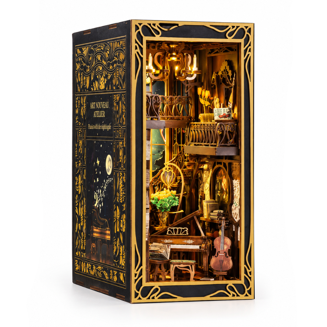 Minicity Pianist with Nightingale DIY book nook kit featuring an Art Nouveau music room with a miniature piano, violin, birdcage, bookshelves and warm LED lighting