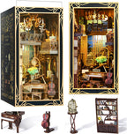Minicity Pianist with Nightingale book nook showing its ornate miniature piano, violin, decorative birdcage, curved bookshelf and detailed wooden furniture